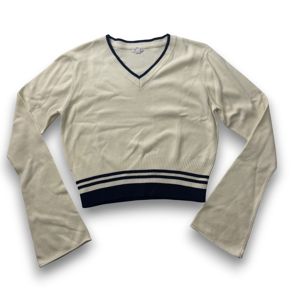 Garage Women V-Neck Cropped Sweater Cream Navy Striped Flare Sleeve XL 100083833